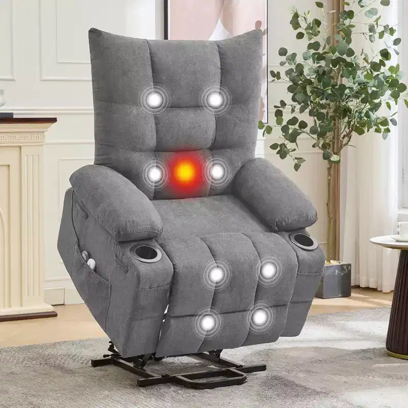 Fauteuil inclinable électrique avec fonction releveur, massage et chauffage, aide au lever à 45°, revêtement rembourré doux, poche latérale et porte-gobelets