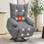 Fauteuil inclinable électrique avec fonction releveur, massage et chauffage, aide au lever à 45°, revêtement rembourré doux, poche latérale et porte-gobelets