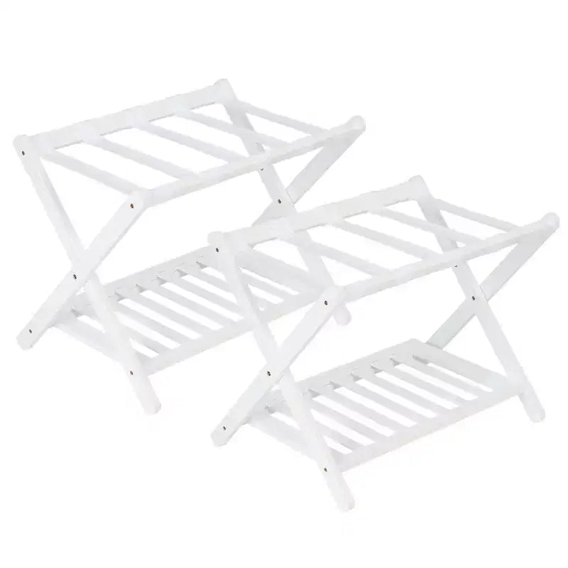2-Pack Folding Bamboo Luggage Rack with 2-Tier Shelf  Premium White Suitcase Stand Holds 150 lb for Bedrooms & Hotels