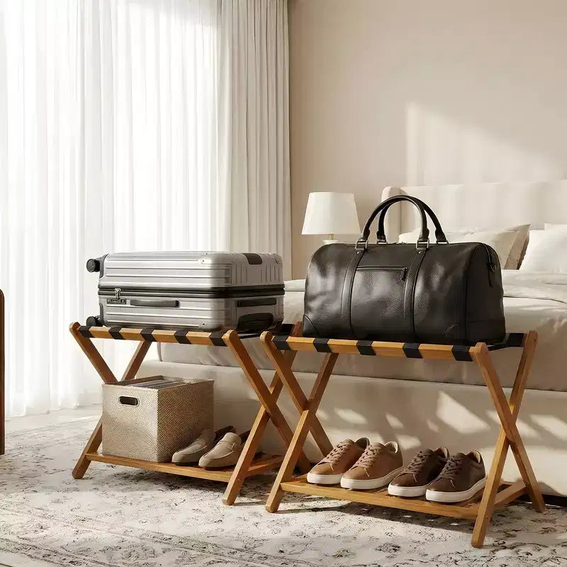 Lot de 2 porte-bagages pliants en bambou avec étagère à 2 niveaux, support de valise robuste couleur noyer pour chambres d'hôtes et hôtels