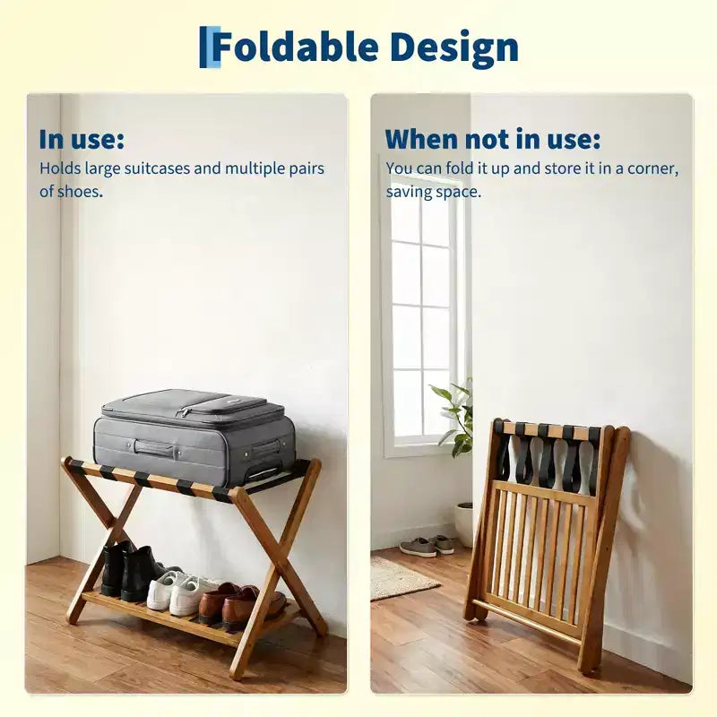 Lot de 2 porte-bagages pliants en bambou avec étagère à 2 niveaux, support de valise robuste couleur noyer pour chambres d'hôtes et hôtels
