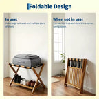 Lot de 2 porte-bagages pliants en bambou avec étagère à 2 niveaux, support de valise robuste couleur noyer pour chambres d'hôtes et hôtels