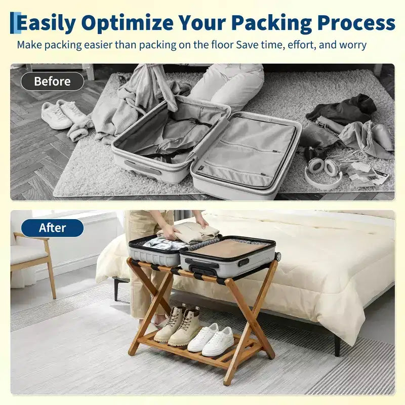Lot de 2 porte-bagages pliants en bambou avec étagère à 2 niveaux, support de valise robuste couleur noyer pour chambres d'hôtes et hôtels