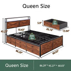 Lit plateforme Queen/King size avec tête de lit et tiroirs de rangement, cadre de lit plateforme avec support à lattes métalliques, marron rustique