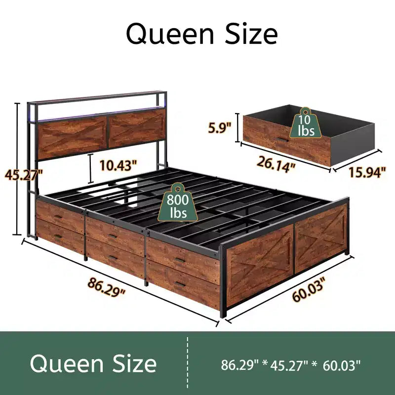Lit plateforme Queen/King size avec tête de lit et tiroirs de rangement, cadre de lit plateforme avec support à lattes métalliques, marron rustique