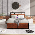 Lit plateforme Queen/King size avec tête de lit et tiroirs de rangement, cadre de lit plateforme avec support à lattes métalliques, marron rustique