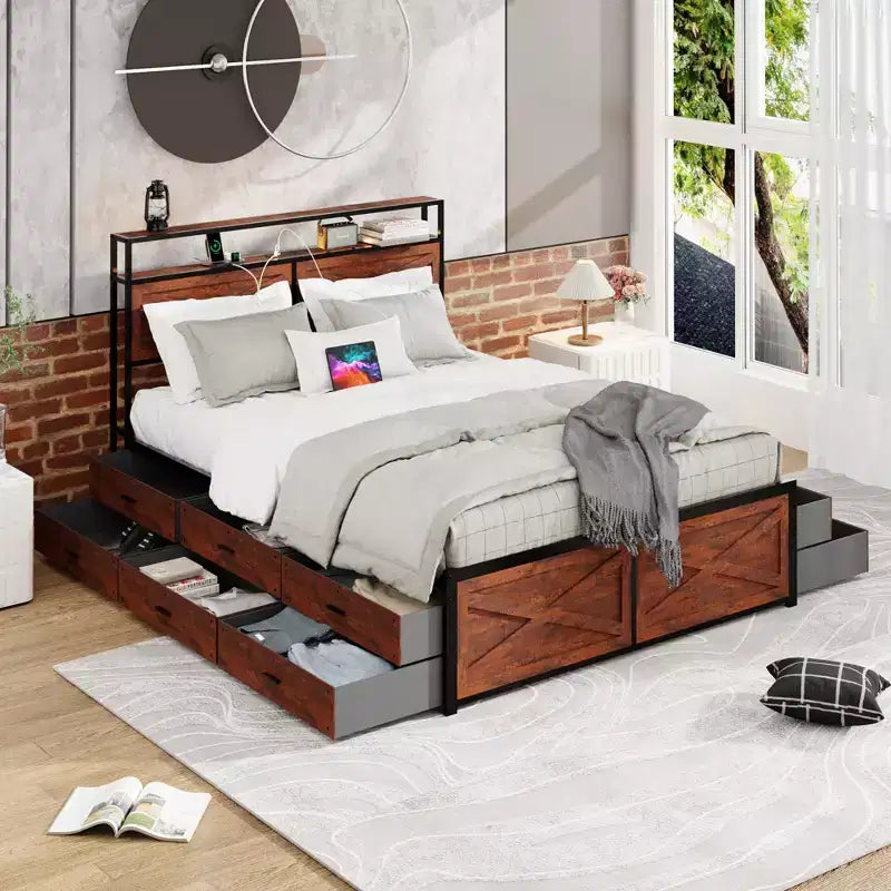 Lit plateforme Queen/King size avec tête de lit et tiroirs de rangement, cadre de lit plateforme avec support à lattes métalliques, marron rustique