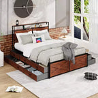Lit plateforme Queen/King size avec tête de lit et tiroirs de rangement, cadre de lit plateforme avec support à lattes métalliques, marron rustique