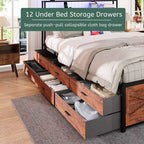Lit plateforme Queen/King size avec tête de lit et tiroirs de rangement, cadre de lit plateforme avec support à lattes métalliques, marron rustique