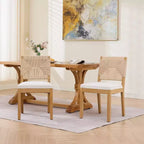 Lot de 2 chaises de salle à manger Mid-Century Modernes, chaises de salle à manger en bois massif avec dossier tressé, assise rembourrée en lin pour cuisine-Panipeachy