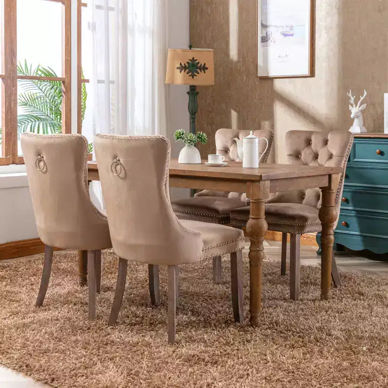 Chaises de salle à manger Harrington Collection modernes en velours capitonné, pieds en bois massif avec garniture cloutée, lot de 2 chaises d'appoint rembourrées contemporaines, Kaki