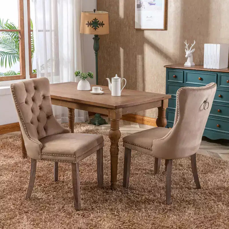 Chaises de salle à manger Harrington Collection modernes en velours capitonné, pieds en bois massif avec garniture cloutée, lot de 2 chaises d'appoint rembourrées contemporaines, Kaki