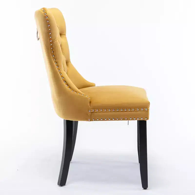 Harrington Collection Chaises de salle à manger modernes en velours capitonné, pieds en bois massif avec garniture cloutée, lot de 2 chaises d'appoint contemporaines rembourrées, doré