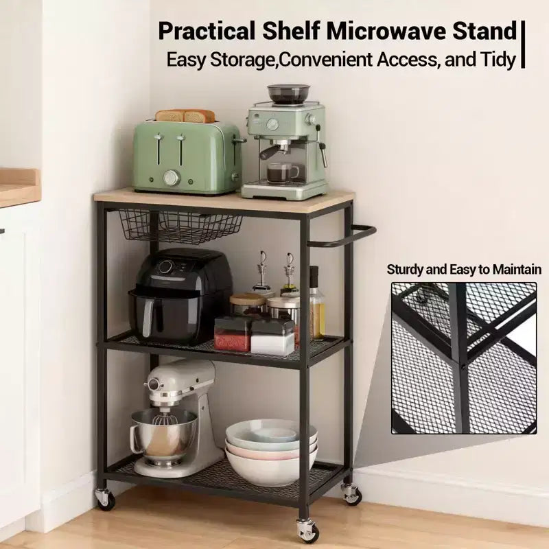 Desserte de cuisine roulante, support de micro-ondes avec roulettes verrouillables, îlot de rangement multifonctionnel à 3 niveaux pour bureau, bar à café, noir