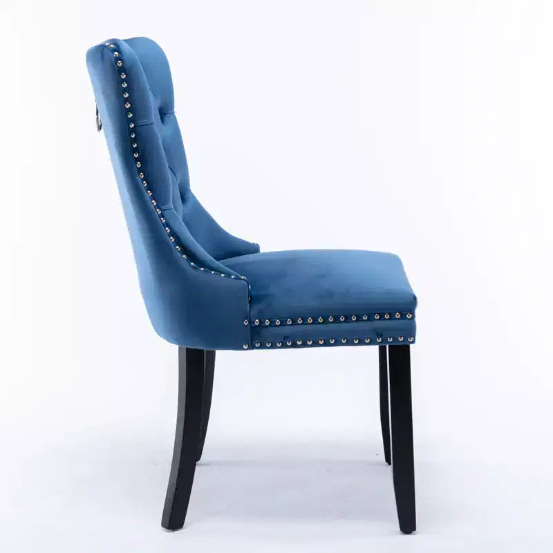 Chaises de salle à manger modernes en velours capitonné Harrington Collection, pieds en bois massif avec garniture cloutée, lot de 2 chaises d'appoint rembourrées contemporaines, bleu marine