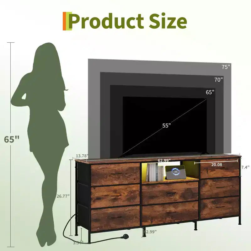 Meuble TV, Meuble de divertissement pour téléviseurs de 45 à 65 pouces, avec lumières, 8 tiroirs en tissu, cadre en métal et dessus en bois, meuble de rangement pour salon, chambre, couloir.