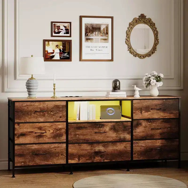 Meuble TV, Meuble de divertissement pour téléviseurs de 45 à 65 pouces, avec lumières, 8 tiroirs en tissu, cadre en métal et dessus en bois, meuble de rangement pour salon, chambre, couloir.