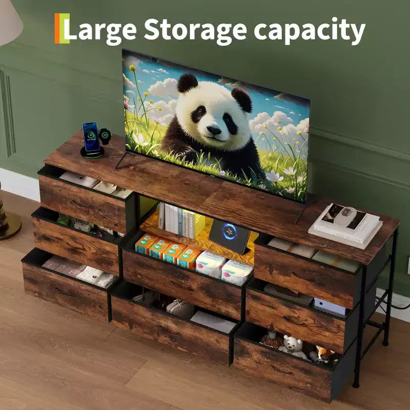 Meuble TV, Meuble de divertissement pour téléviseurs de 45 à 65 pouces, avec lumières, 8 tiroirs en tissu, cadre en métal et dessus en bois, meuble de rangement pour salon, chambre, couloir.