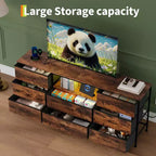 Meuble TV, Meuble de divertissement pour téléviseurs de 45 à 65 pouces, avec lumières, 8 tiroirs en tissu, cadre en métal et dessus en bois, meuble de rangement pour salon, chambre, couloir.