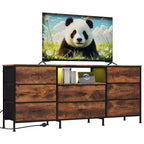 Meuble TV, Meuble de divertissement pour téléviseurs de 45 à 65 pouces, avec lumières, 8 tiroirs en tissu, cadre en métal et dessus en bois, meuble de rangement pour salon, chambre, couloir.