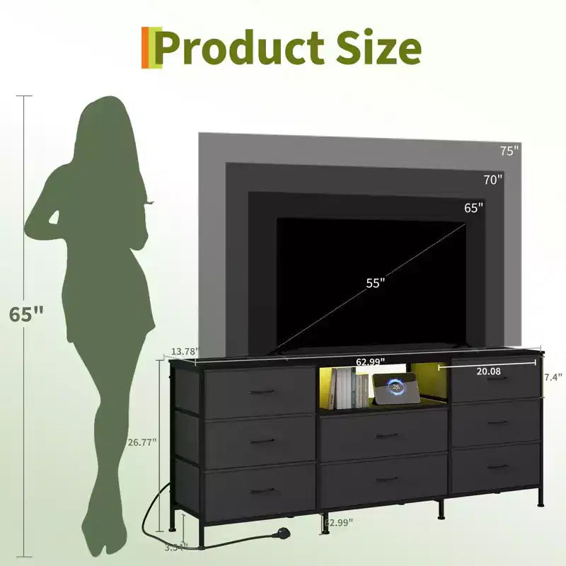 Meuble TV, Meuble de divertissement pour téléviseurs de 45 à 65 pouces, avec lumières, 8 tiroirs en tissu, cadre en métal et dessus en bois, meuble de rangement pour salon, chambre, couloir.