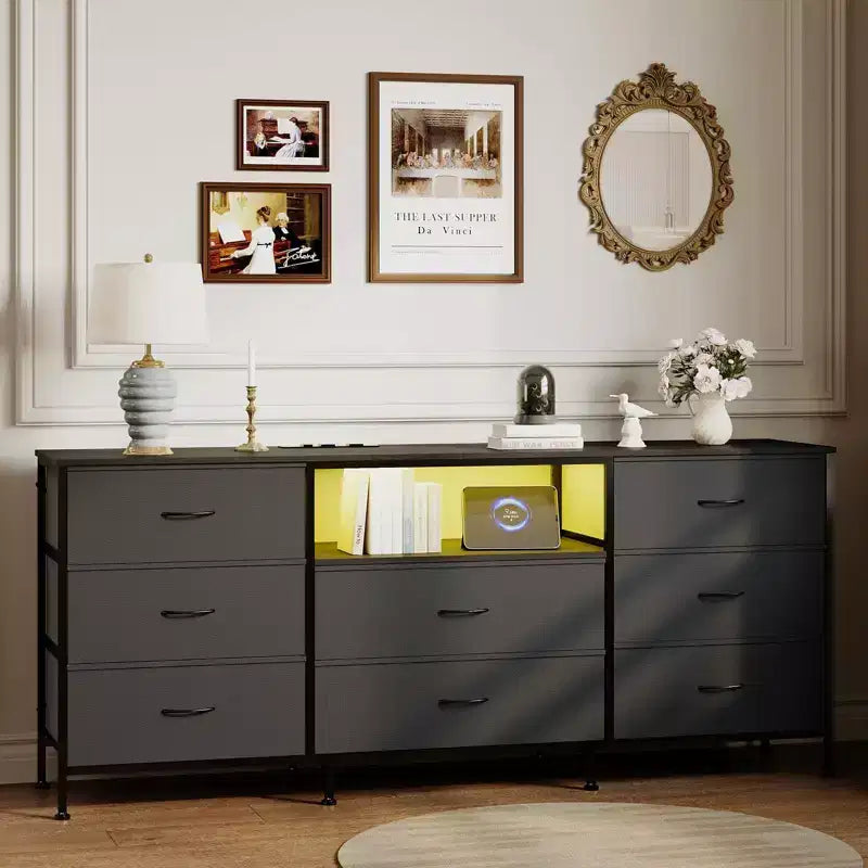 Meuble TV, Meuble de divertissement pour téléviseurs de 45 à 65 pouces, avec lumières, 8 tiroirs en tissu, cadre en métal et dessus en bois, meuble de rangement pour salon, chambre, couloir.