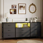 Meuble TV, Meuble de divertissement pour téléviseurs de 45 à 65 pouces, avec lumières, 8 tiroirs en tissu, cadre en métal et dessus en bois, meuble de rangement pour salon, chambre, couloir.