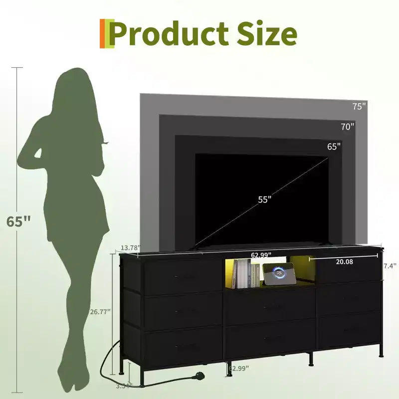 Meuble TV, Meuble de divertissement pour téléviseurs de 45 à 65 pouces, avec lumières, 8 tiroirs en tissu, cadre en métal et dessus en bois, meuble de rangement pour salon, chambre, couloir.