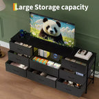Meuble TV, Meuble de divertissement pour téléviseurs de 45 à 65 pouces, avec lumières, 8 tiroirs en tissu, cadre en métal et dessus en bois, meuble de rangement pour salon, chambre, couloir.