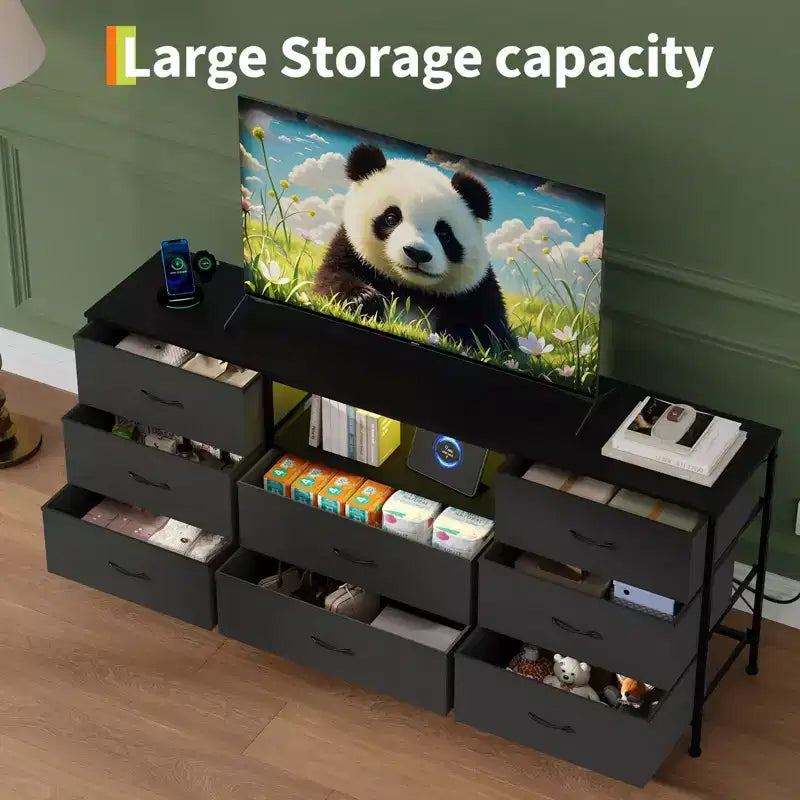 Meuble TV, Meuble de divertissement pour téléviseurs de 45 à 65 pouces, avec lumières, 8 tiroirs en tissu, cadre en métal et dessus en bois, meuble de rangement pour salon, chambre, couloir.