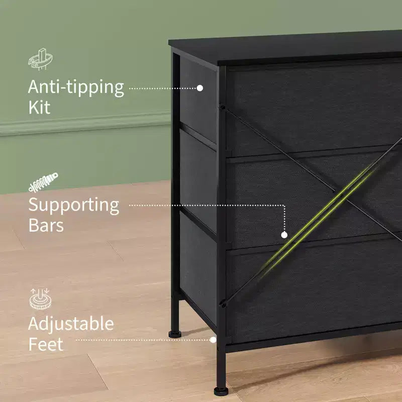 Meuble TV, Meuble de divertissement pour téléviseurs de 45 à 65 pouces, avec lumières, 8 tiroirs en tissu, cadre en métal et dessus en bois, meuble de rangement pour salon, chambre, couloir.
