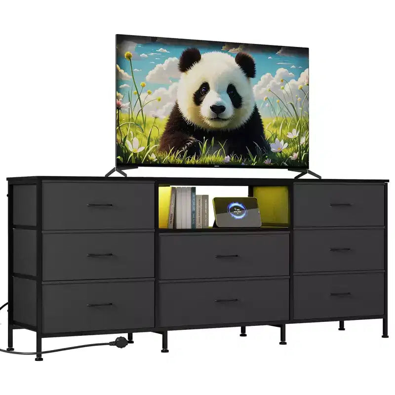 Meuble TV, Meuble de divertissement pour téléviseurs de 45 à 65 pouces, avec lumières, 8 tiroirs en tissu, cadre en métal et dessus en bois, meuble de rangement pour salon, chambre, couloir.