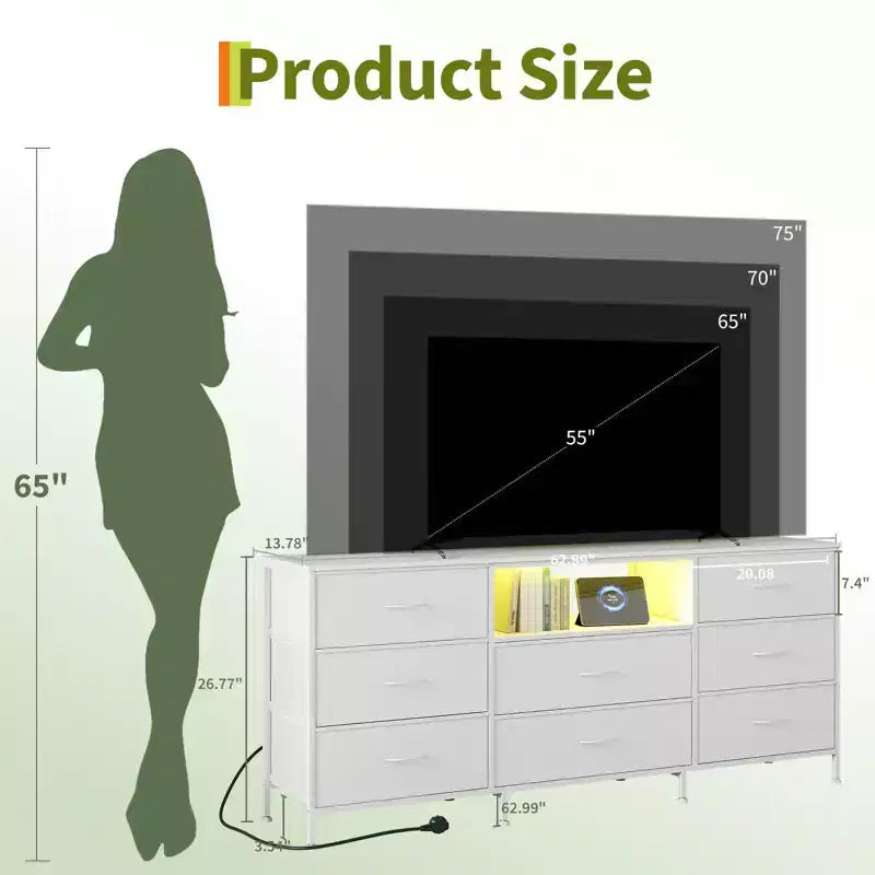 Meuble TV, Meuble de divertissement pour téléviseurs de 45 à 65 pouces, avec lumières, 8 tiroirs en tissu, cadre en métal et dessus en bois, meuble de rangement pour salon, chambre, couloir.