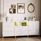 Meuble TV, Meuble de divertissement pour téléviseurs de 45 à 65 pouces, avec lumières, 8 tiroirs en tissu, cadre en métal et dessus en bois, meuble de rangement pour salon, chambre, couloir.
