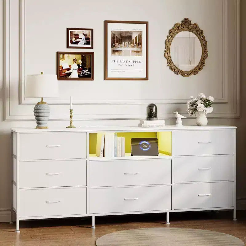 Meuble TV, Meuble de divertissement pour téléviseurs de 45 à 65 pouces, avec lumières, 8 tiroirs en tissu, cadre en métal et dessus en bois, meuble de rangement pour salon, chambre, couloir.