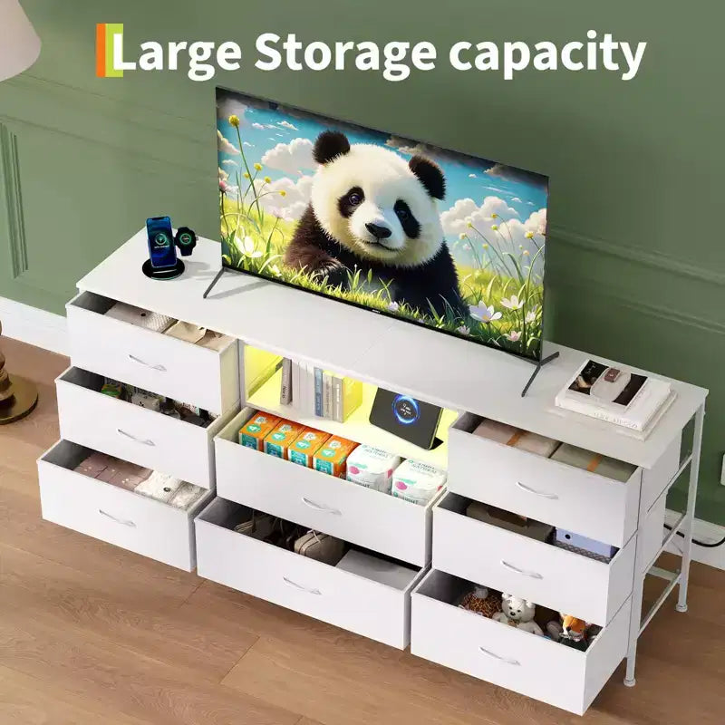 Meuble TV, Meuble de divertissement pour téléviseurs de 45 à 65 pouces, avec lumières, 8 tiroirs en tissu, cadre en métal et dessus en bois, meuble de rangement pour salon, chambre, couloir.