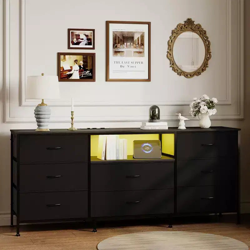 Meuble TV, Meuble de divertissement pour téléviseurs de 45 à 65 pouces, avec lumières, 8 tiroirs en tissu, cadre en métal et dessus en bois, meuble de rangement pour salon, chambre, couloir.