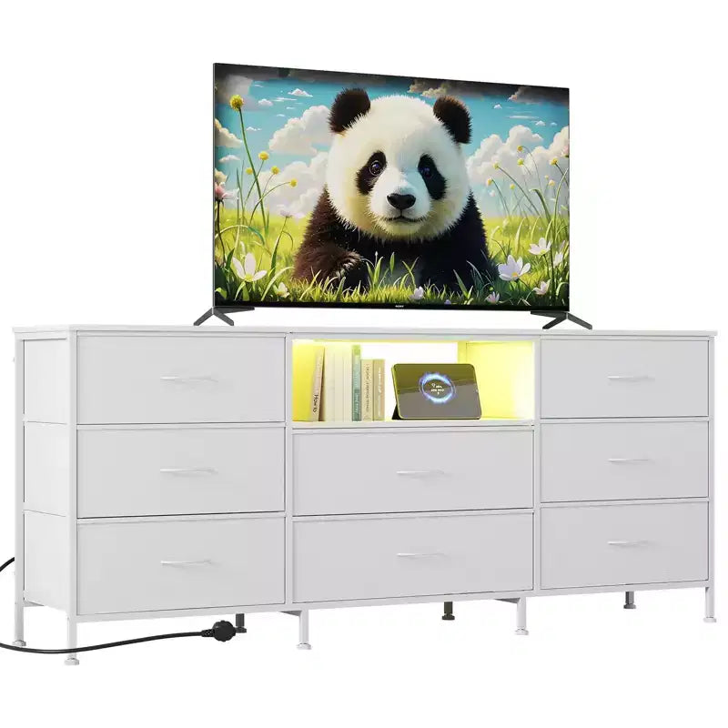 Meuble TV, Meuble de divertissement pour téléviseurs de 45 à 65 pouces, avec lumières, 8 tiroirs en tissu, cadre en métal et dessus en bois, meuble de rangement pour salon, chambre, couloir.
