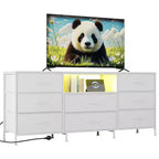Meuble TV, Meuble de divertissement pour téléviseurs de 45 à 65 pouces, avec lumières, 8 tiroirs en tissu, cadre en métal et dessus en bois, meuble de rangement pour salon, chambre, couloir.