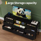 Meuble TV, Meuble de divertissement pour téléviseurs de 45 à 65 pouces, avec lumières, 8 tiroirs en tissu, cadre en métal et dessus en bois, meuble de rangement pour salon, chambre, couloir.