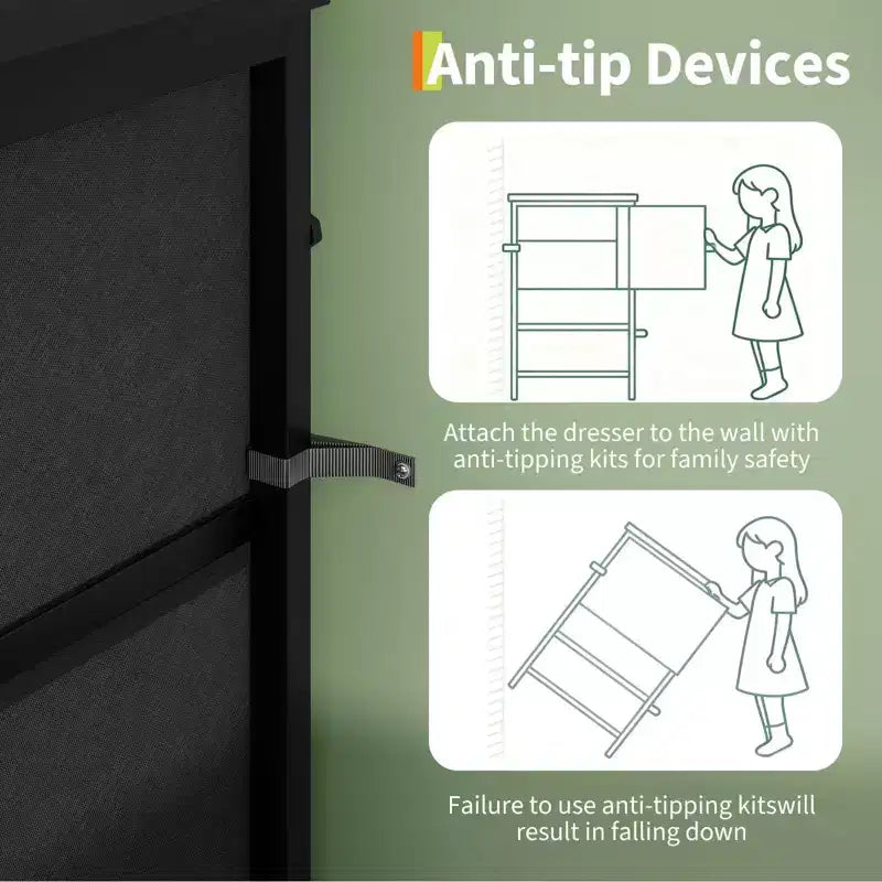 Meuble TV, Meuble de divertissement pour téléviseurs de 45 à 65 pouces, avec lumières, 8 tiroirs en tissu, cadre en métal et dessus en bois, meuble de rangement pour salon, chambre, couloir.