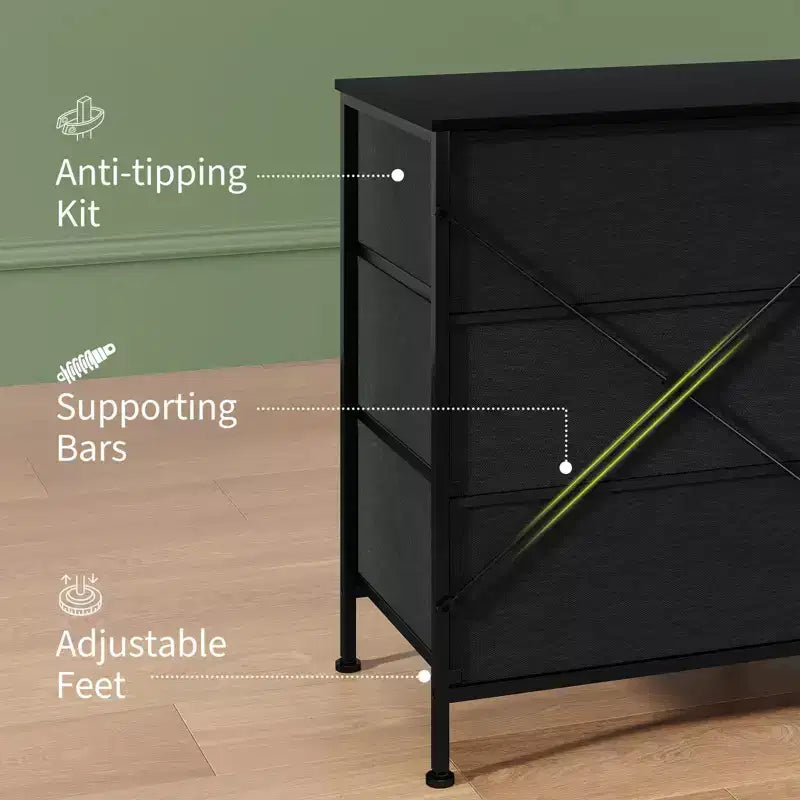 Meuble TV, Meuble de divertissement pour téléviseurs de 45 à 65 pouces, avec lumières, 8 tiroirs en tissu, cadre en métal et dessus en bois, meuble de rangement pour salon, chambre, couloir.
