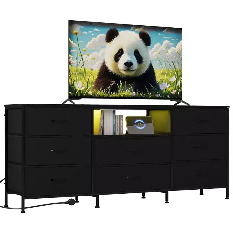 Meuble TV, Meuble de divertissement pour téléviseurs de 45 à 65 pouces, avec lumières, 8 tiroirs en tissu, cadre en métal et dessus en bois, meuble de rangement pour salon, chambre, couloir.