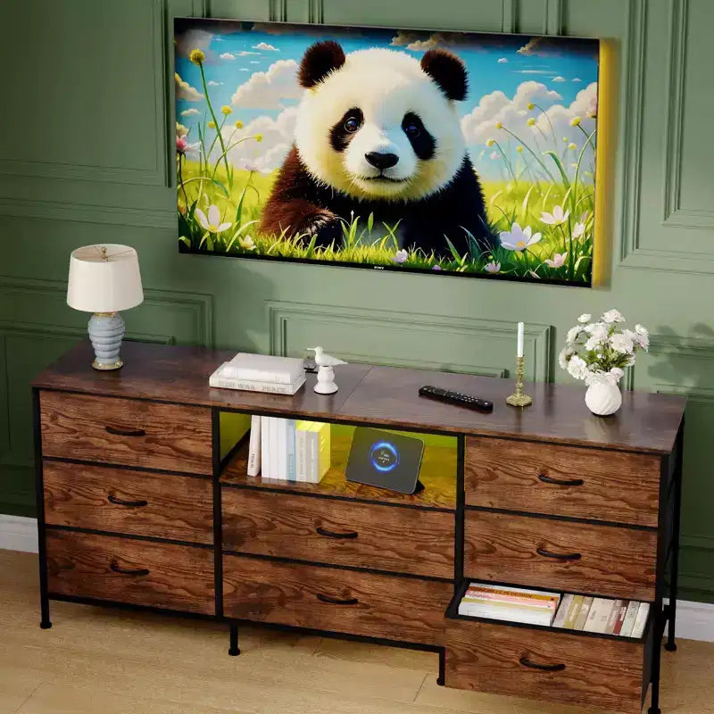 Meuble TV, Meuble de divertissement pour téléviseurs de 45 à 65 pouces, avec lumières, 8 tiroirs en tissu, cadre en métal et dessus en bois, meuble de rangement pour salon, chambre, couloir.