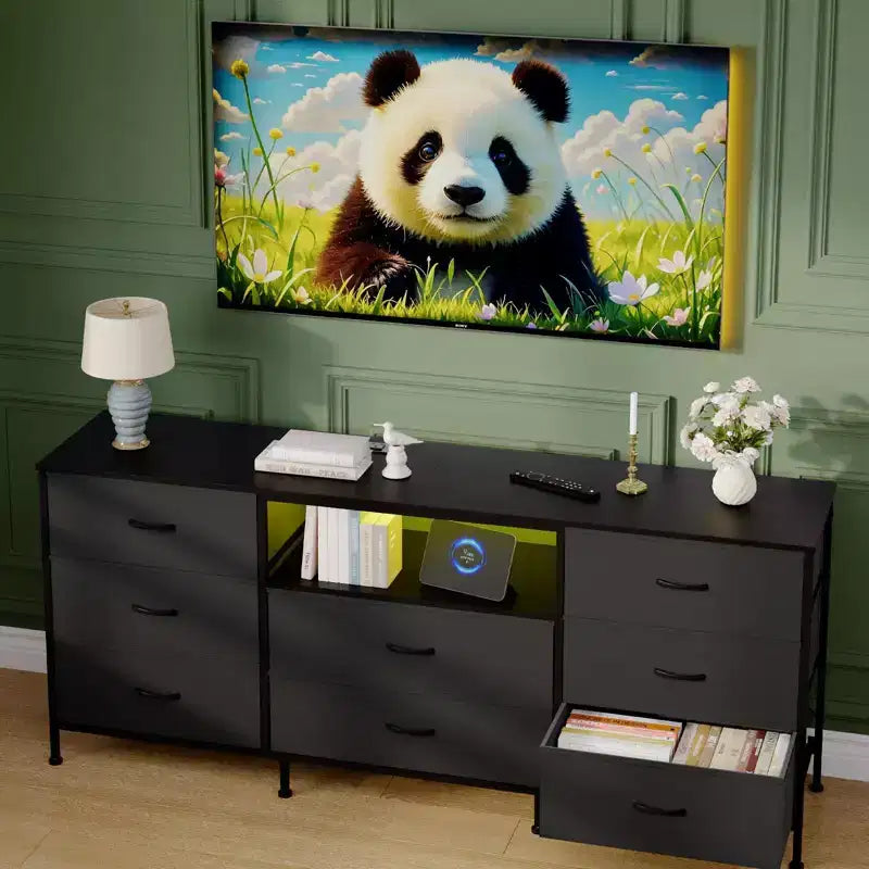 Meuble TV, Meuble de divertissement pour téléviseurs de 45 à 65 pouces, avec lumières, 8 tiroirs en tissu, cadre en métal et dessus en bois, meuble de rangement pour salon, chambre, couloir.