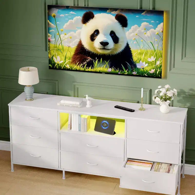 Meuble TV, Meuble de divertissement pour téléviseurs de 45 à 65 pouces, avec lumières, 8 tiroirs en tissu, cadre en métal et dessus en bois, meuble de rangement pour salon, chambre, couloir.