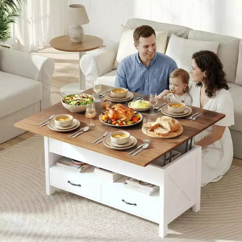 Lift up coffee table with storage space, farmhouse style coffee table, coffee table with two drawers, living room and home office coffee table