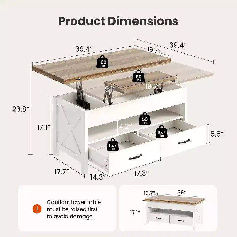 Table basse relevable avec espace de rangement, table basse style ferme, table basse avec deux tiroirs, table basse pour salon et bureau