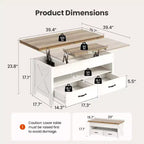 Table basse relevable avec espace de rangement, table basse style ferme, table basse avec deux tiroirs, table basse pour salon et bureau