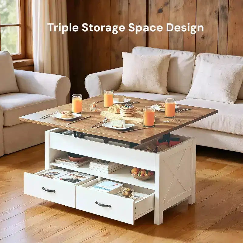 Table basse relevable avec espace de rangement, table basse style ferme, table basse avec deux tiroirs, table basse pour salon et bureau